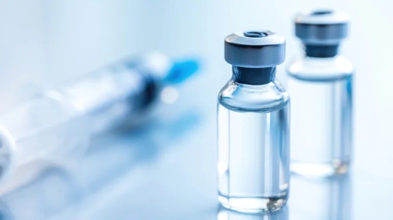 Two glass vaccine vials with a syringe in the background on a reflective surface