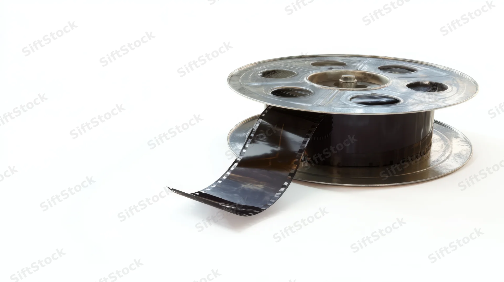 Metallic film reel with unspooled strip on white background