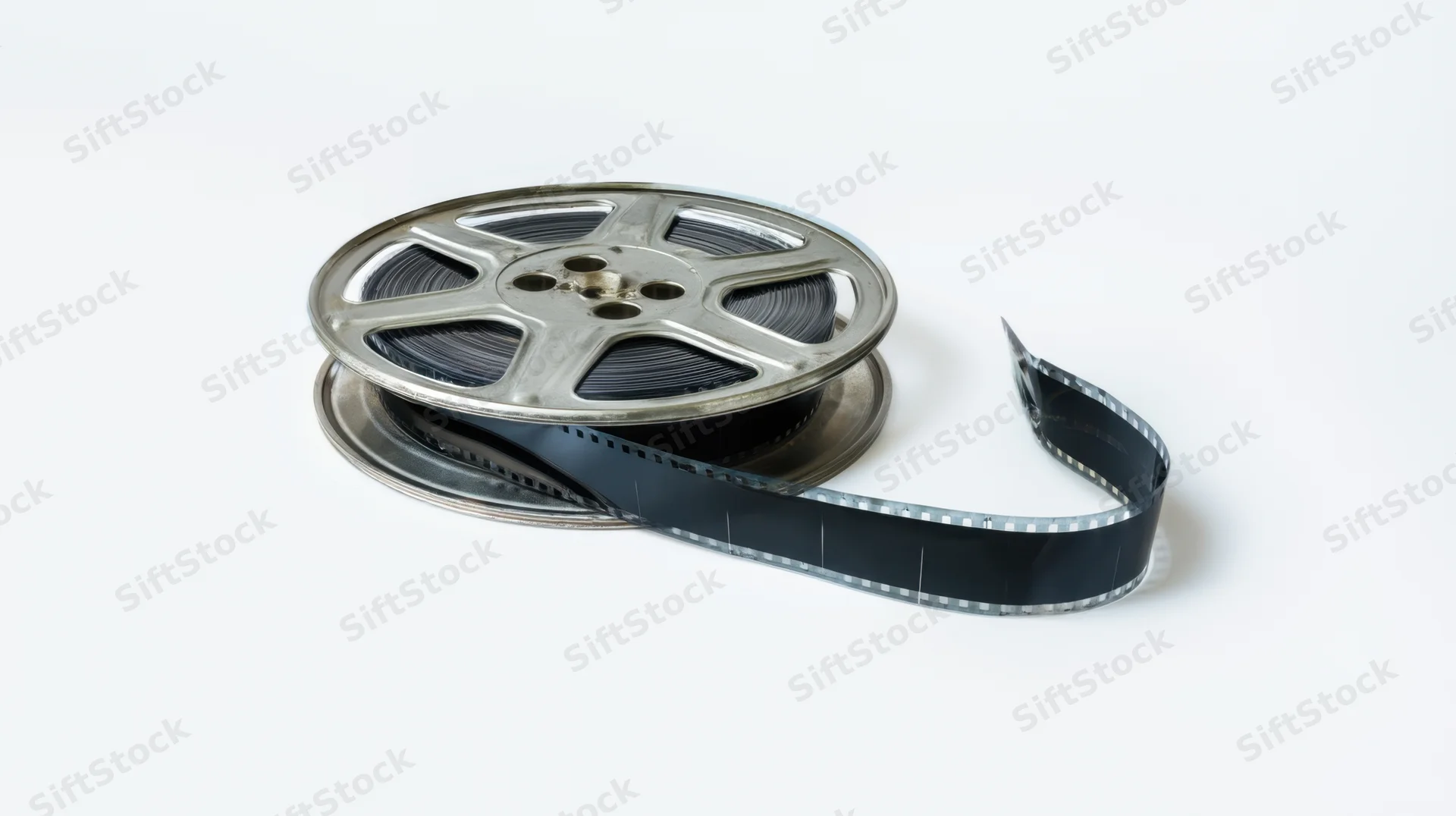 Metallic film reel with unspooled strip on white background