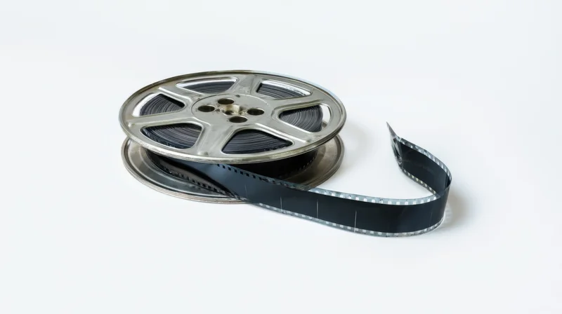 Metallic film reel with unspooled strip on white background