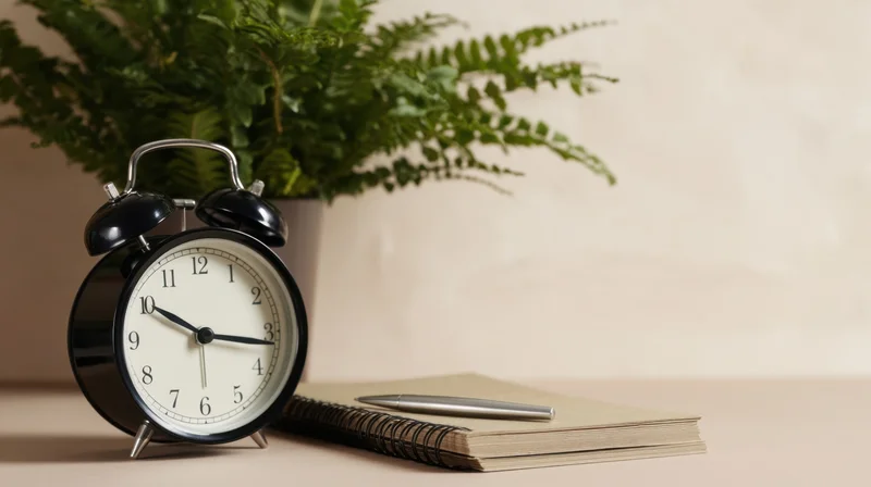 Black analog alarm clock beside a notebook and pen on a desk with a potted fern in the background