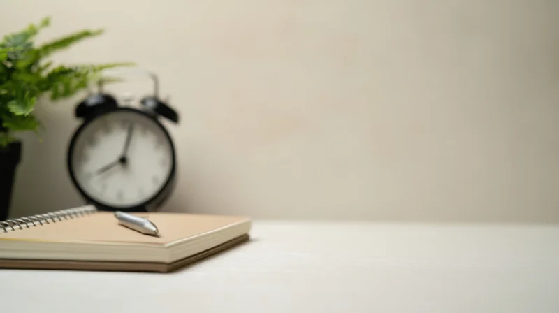Notebook with pen and alarm clock on desk beside potted plant