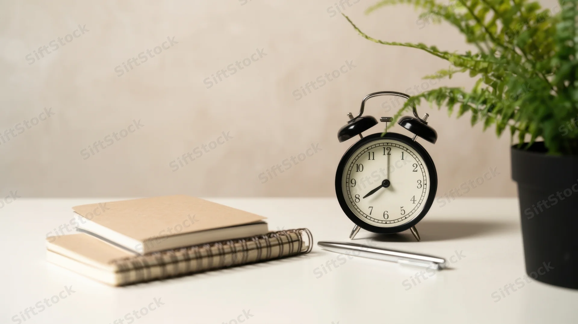 Black alarm clock on white desk with notebooks, pen and potted fern, arranged for study or work