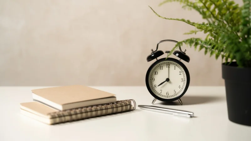 Black alarm clock on white desk with notebooks, pen and potted fern, arranged for study or work
