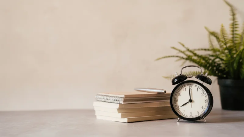 Black alarm clock on desk beside notebooks and fern plant in minimalist workspace