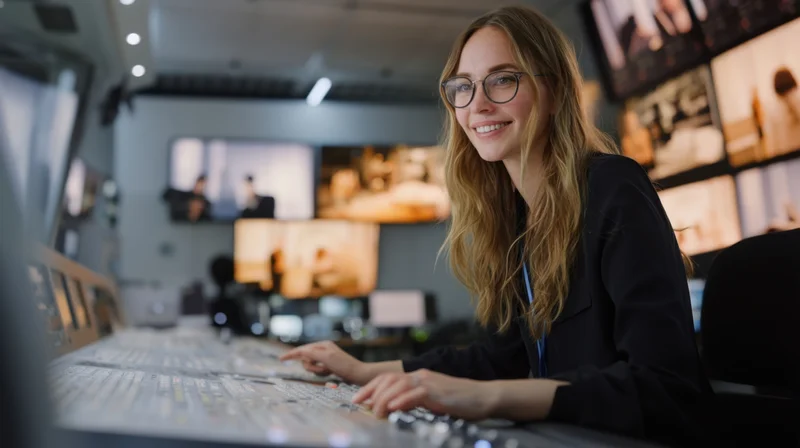 Woman operating mixing console in broadcast control room with multiple screens