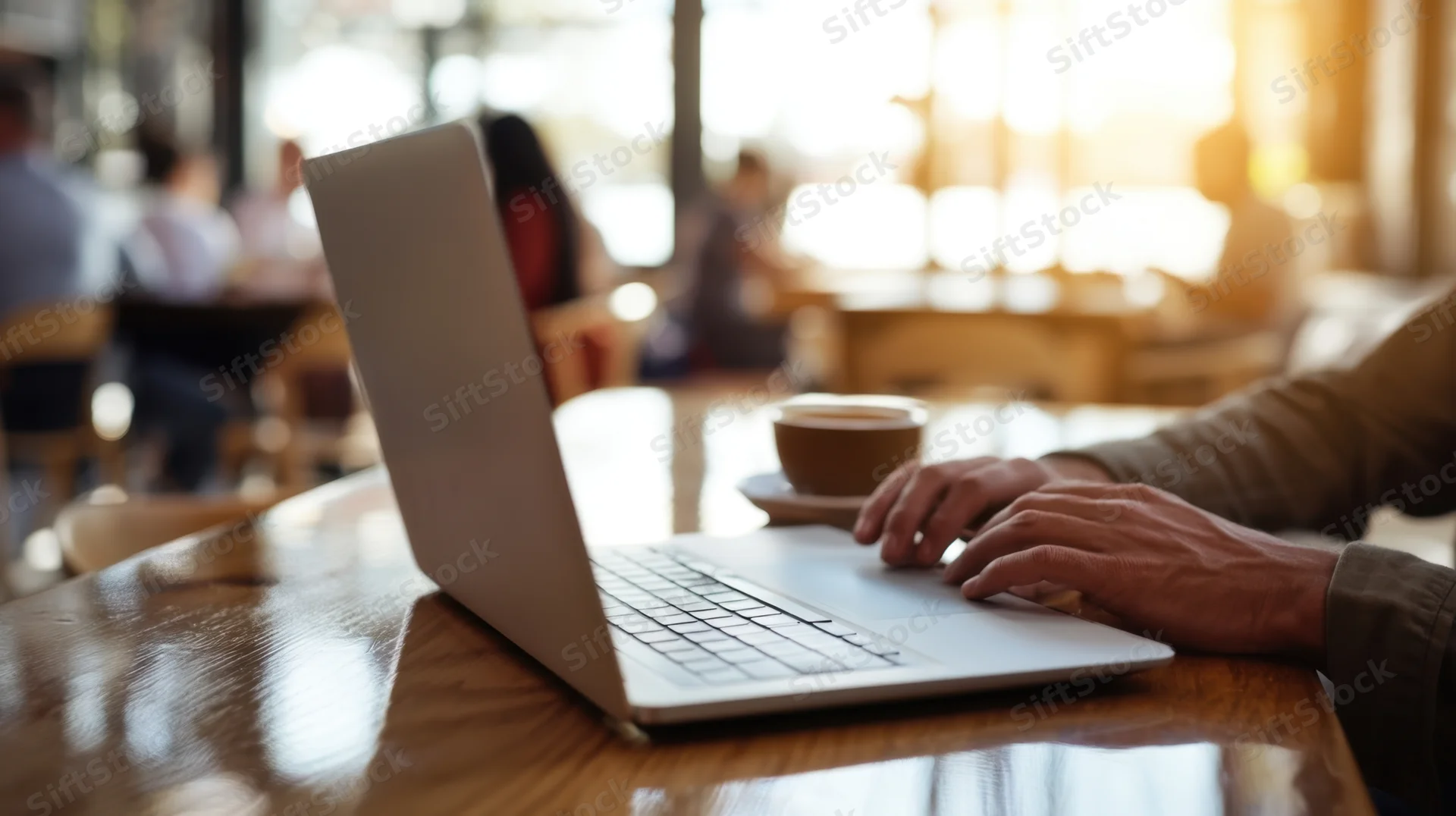 Hands typing on a laptop at a wooden table in a cafe with coffee nearby
