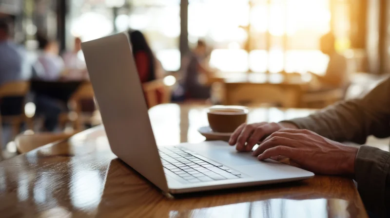 Hands typing on a laptop at a wooden table in a cafe with coffee nearby