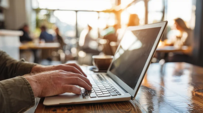 Hands typing on a laptop at a wooden table in a sunlit cafe