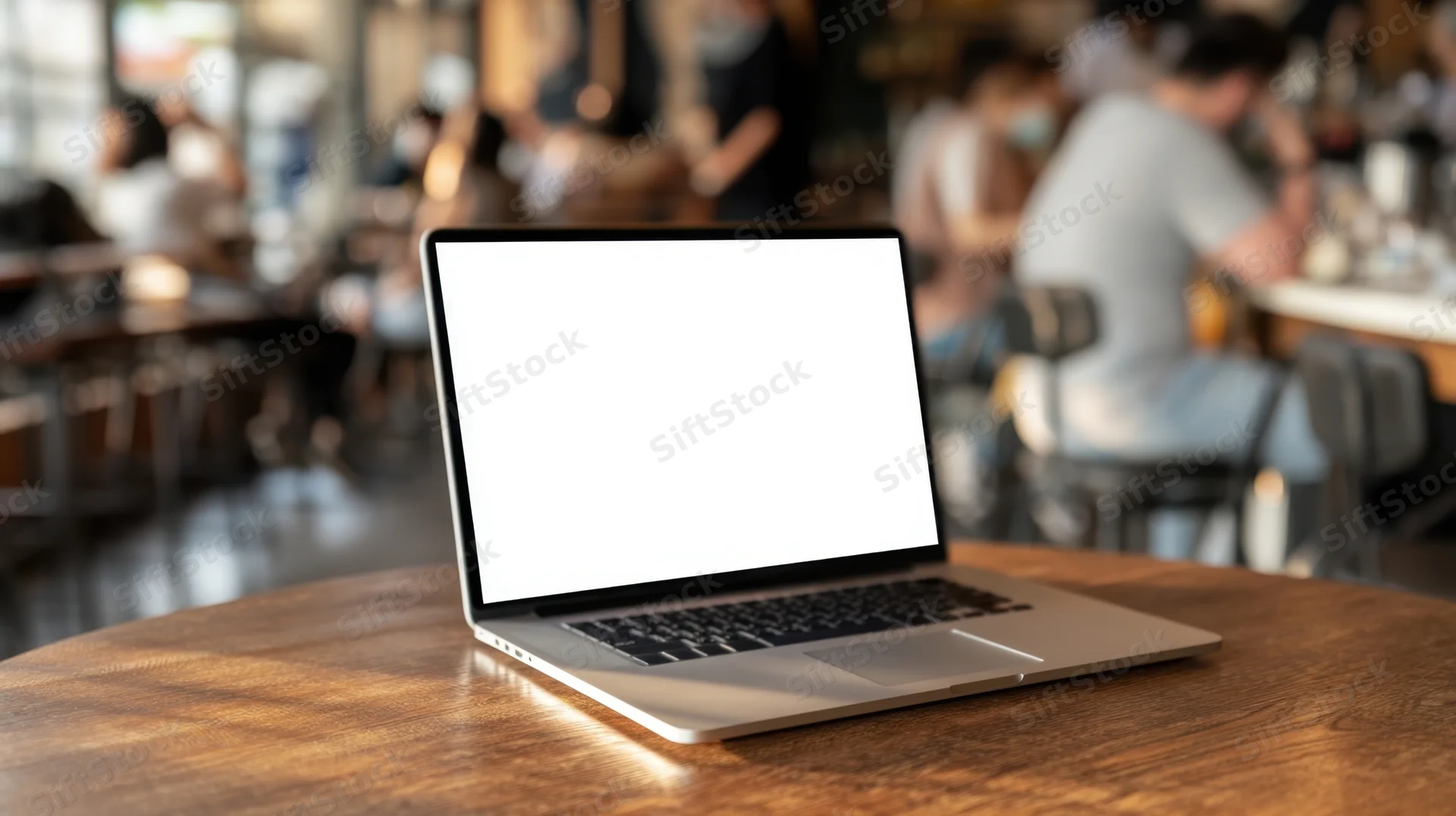 Silver laptop with blank white screen open on wooden table in cafe interior