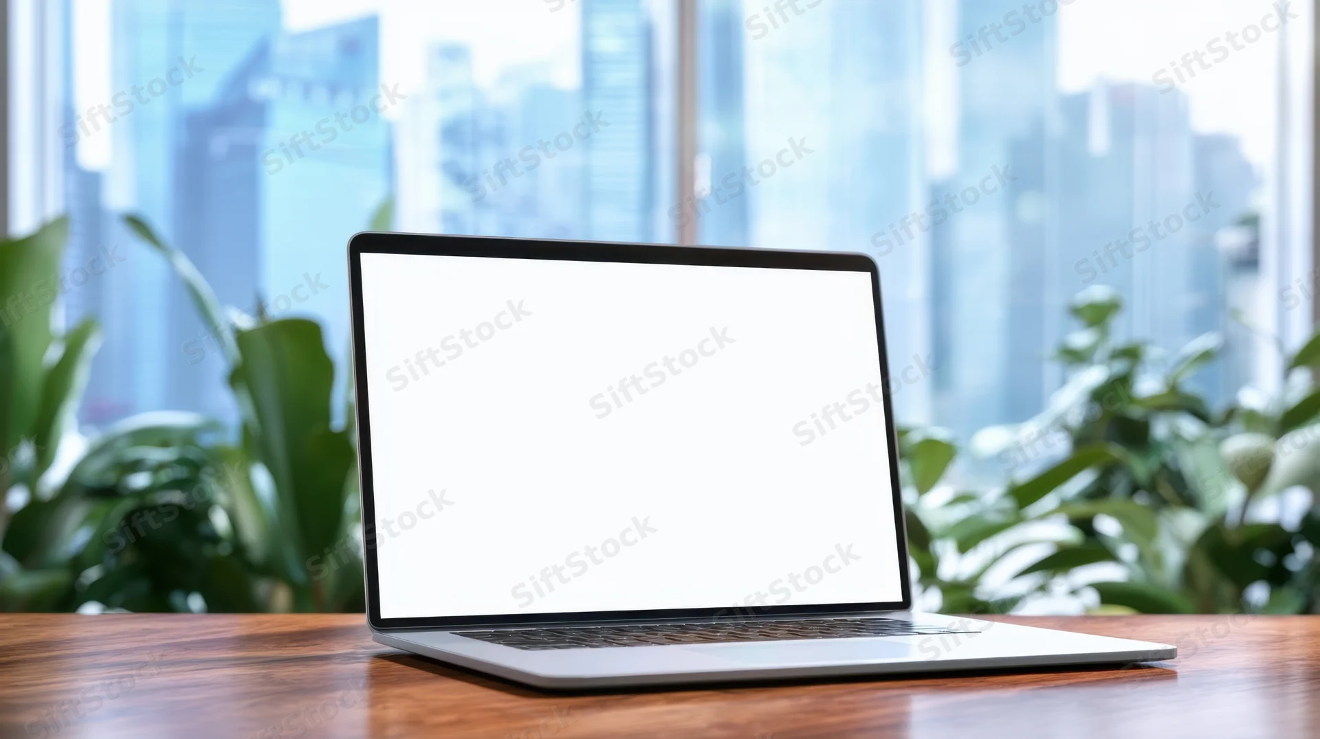 Laptop with blank white screen on wooden desk in modern office with city view through window