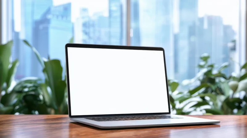 Laptop with blank white screen on wooden desk in modern office with city view through window