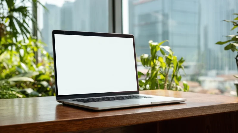 Silver laptop with blank white screen on wooden desk near window with city view and indoor plants