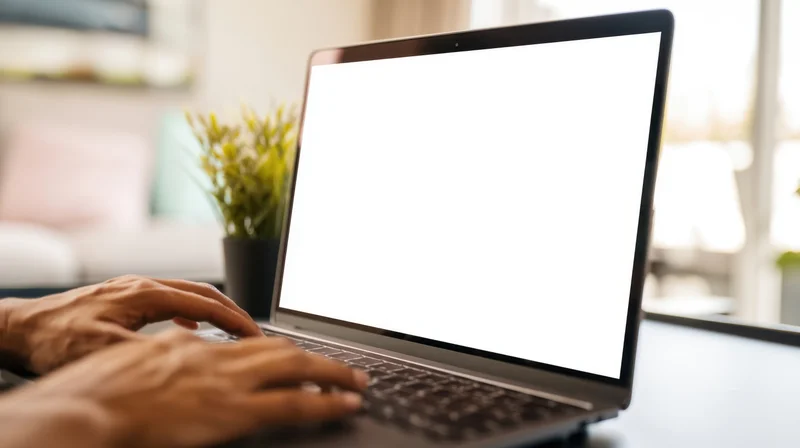 Hands typing on a laptop with blank white screen on a desk in a home office
