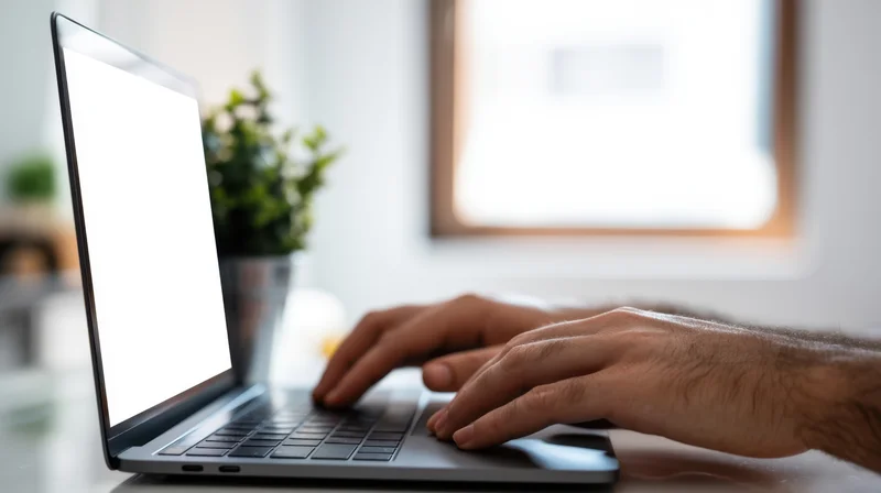 Hands typing on a laptop at a modern workspace desk near a window