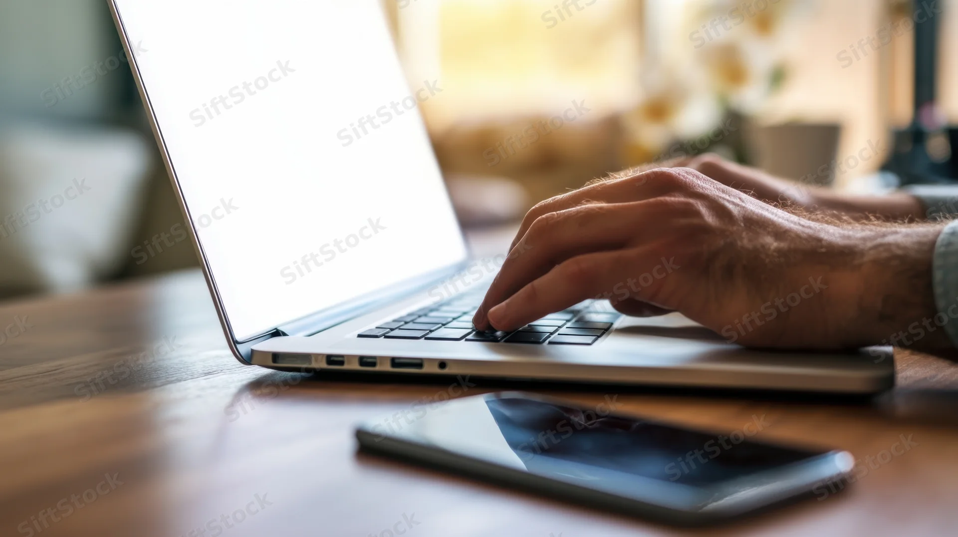 Hands typing on a laptop keyboard on a wooden desk with a smartphone nearby
