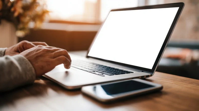 Hands typing on a laptop with blank white screen on wooden desk beside smartphone