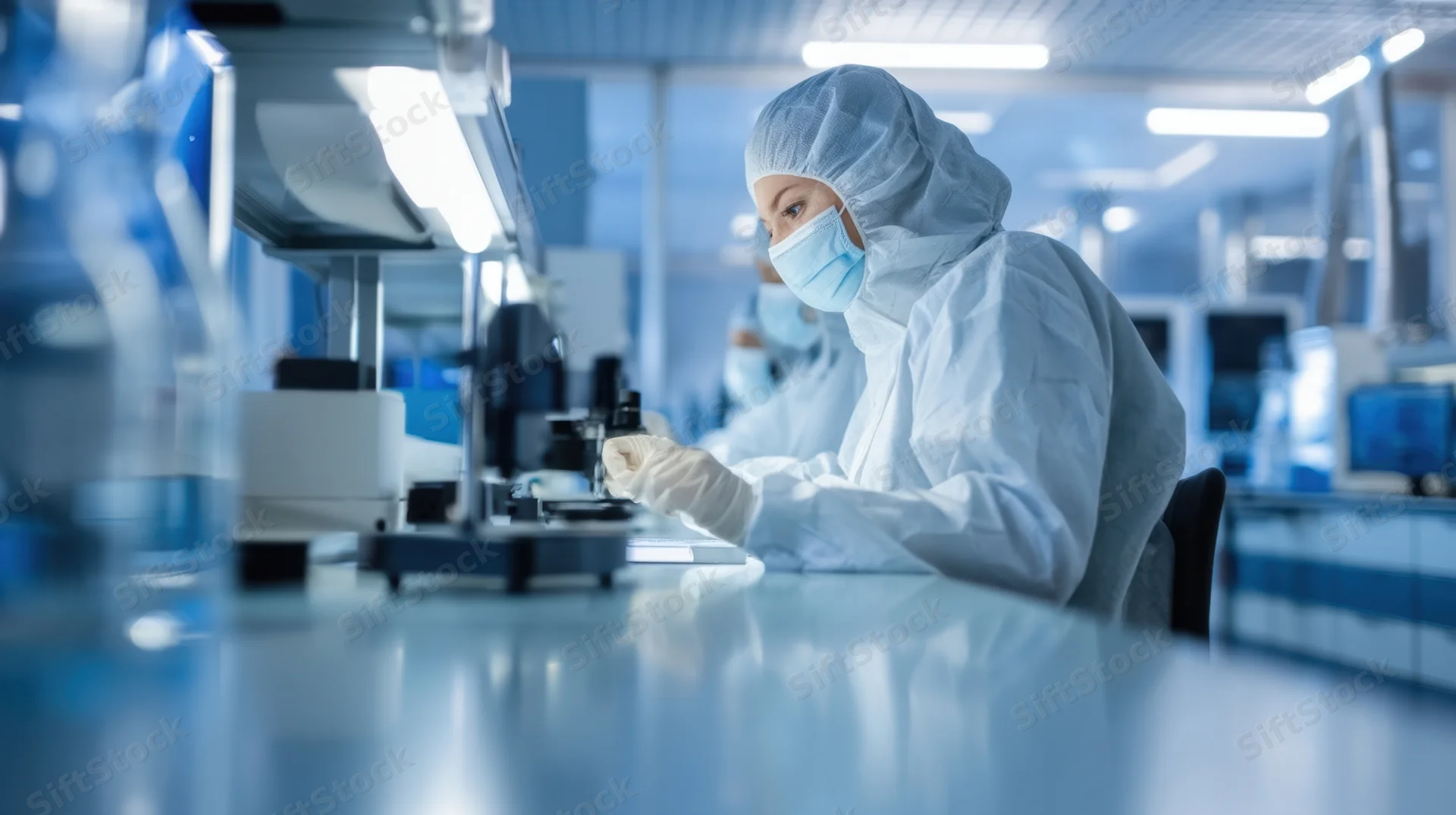 Woman in white lab coat and face mask examining sample under microscope in modern laboratory