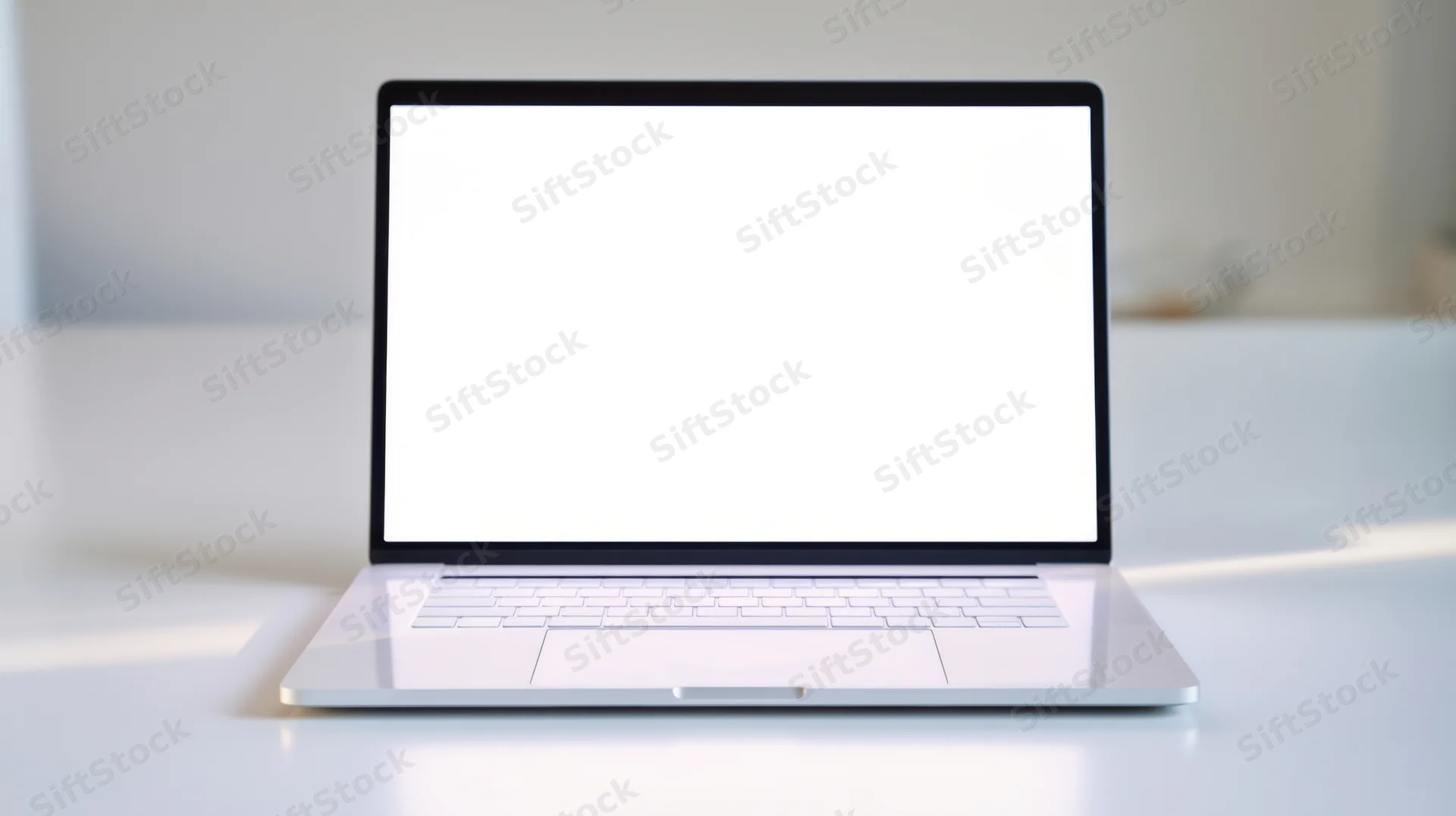 Silver laptop with blank white screen on a white desk