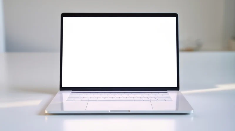 Silver laptop with blank white screen on a white desk