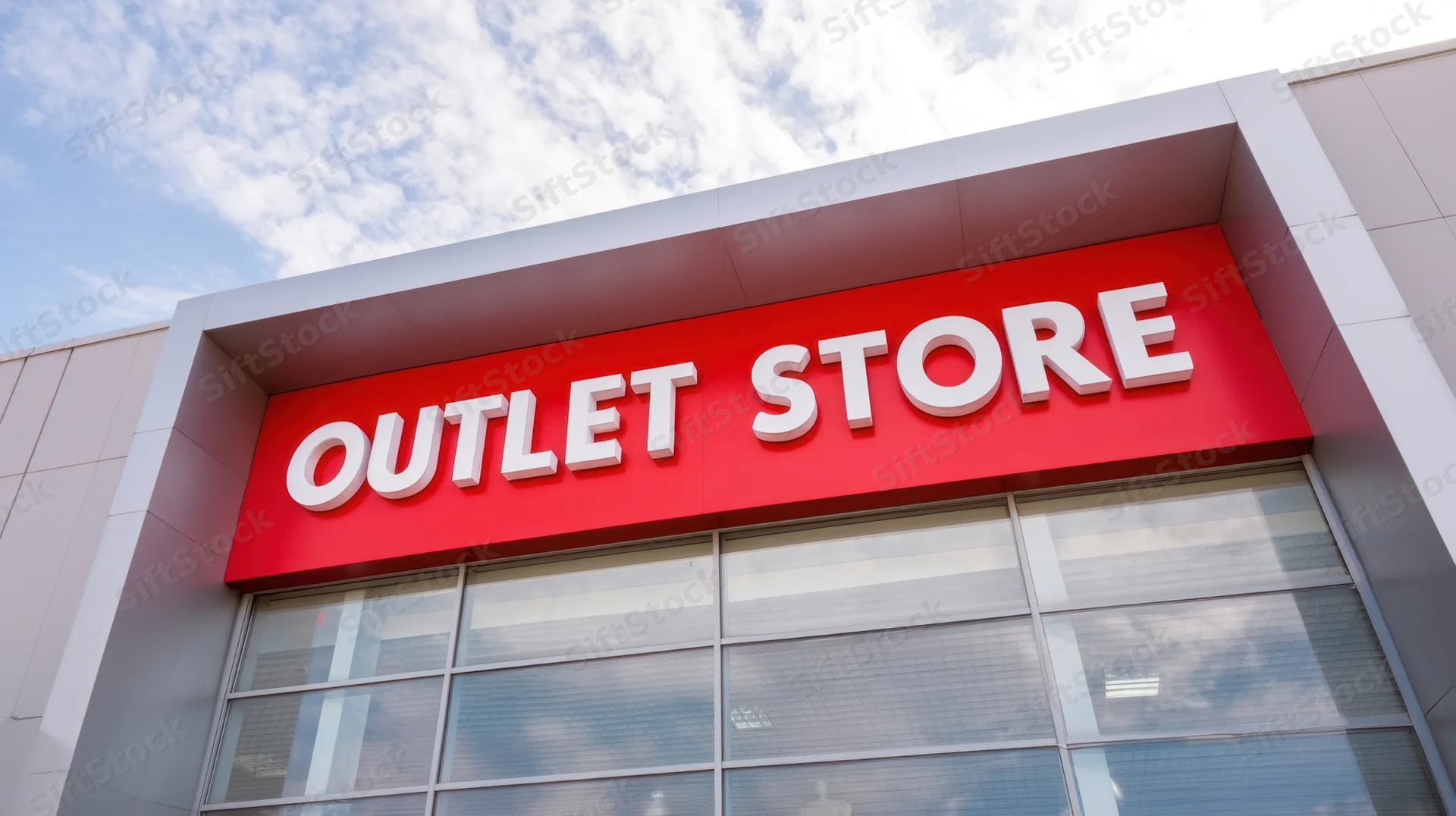 Modern outlet store facade with red and white signage above glass windows