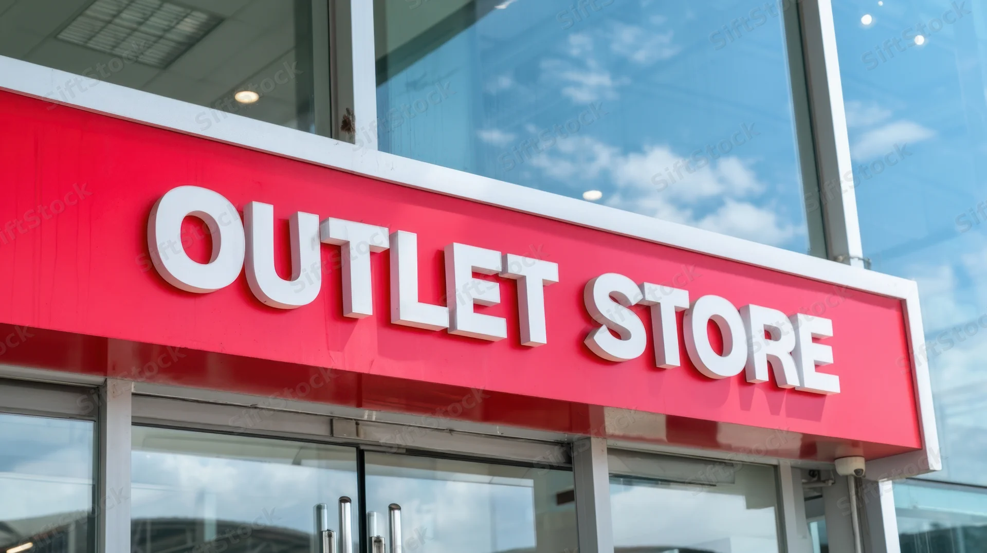 Red and white outlet store sign above glass entrance of modern retail building