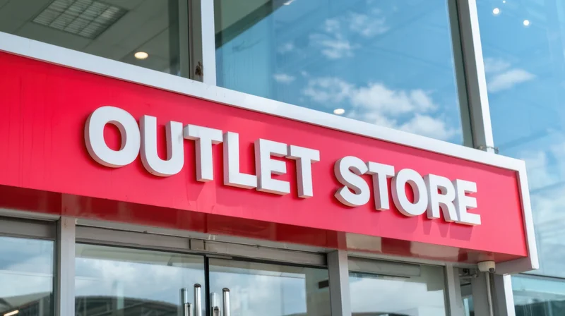 Red and white outlet store sign above glass entrance of modern retail building
