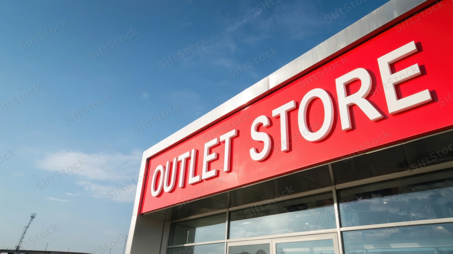 Red and white outlet store sign on modern building facade under clear blue sky