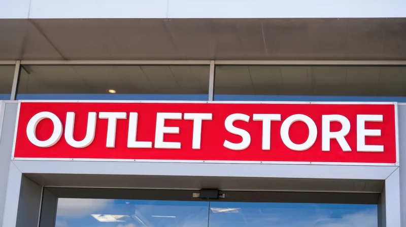 Red and white outlet store sign above glass entrance of modern retail building