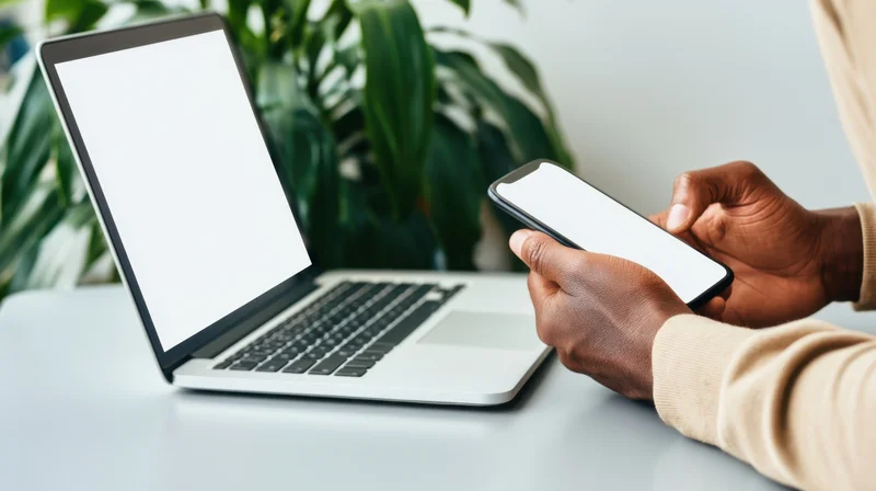 Man holding smartphone with laptop on desk beside green plant