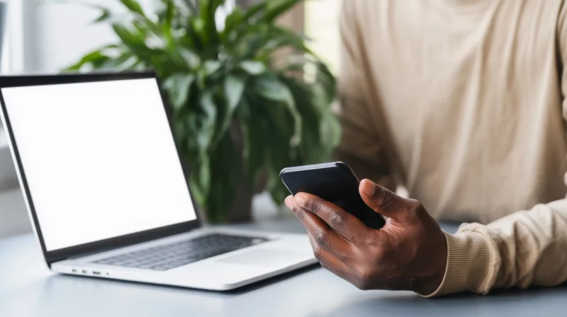 Man using smartphone beside open laptop on desk with plant in background