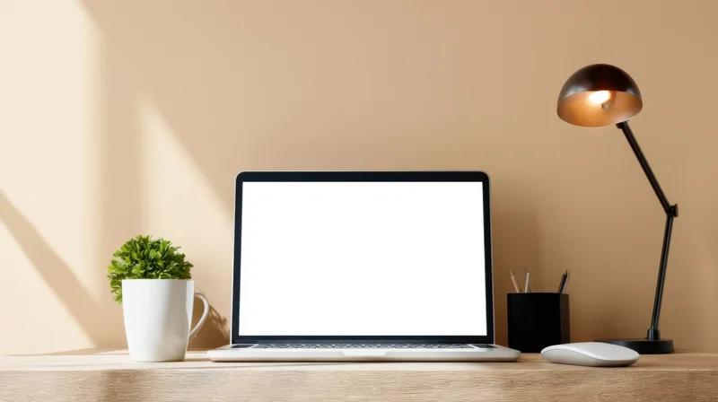 Laptop with blank screen on wooden desk beside lamp and plant