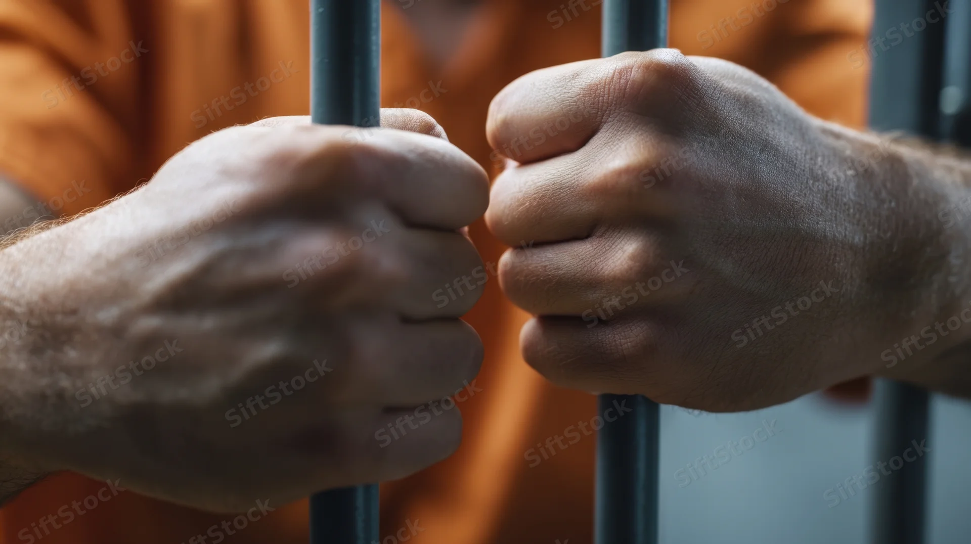 Close-up of a man’s hands gripping metal bars in an orange jumpsuit inside a prison cell