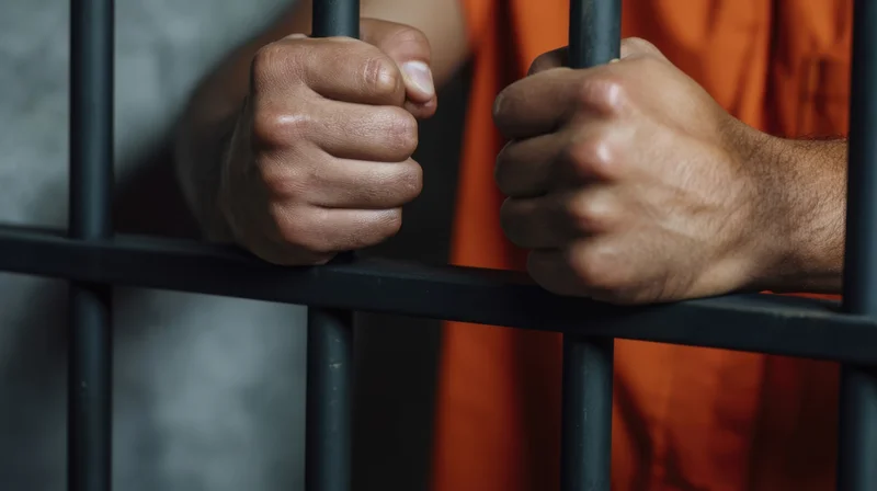 Hands gripping metal bars in a prison cell, wearing an orange jumpsuit