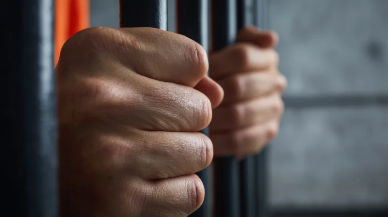 Hands gripping prison bars in a jail cell