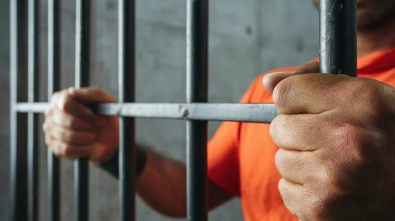 Inmate gripping prison bars in orange uniform inside a cell