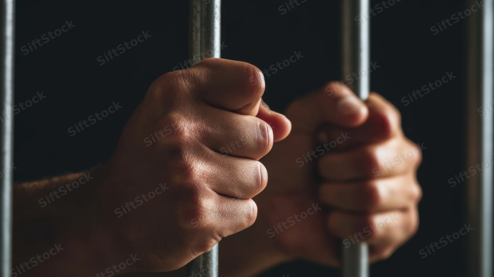 Hands gripping metal prison bars in a dark cell