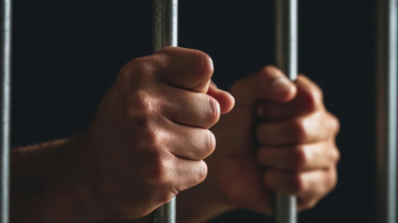 Hands gripping metal prison bars in a dark cell