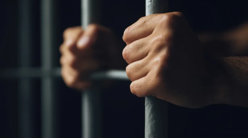 Hands gripping metal prison bars in a dark cell