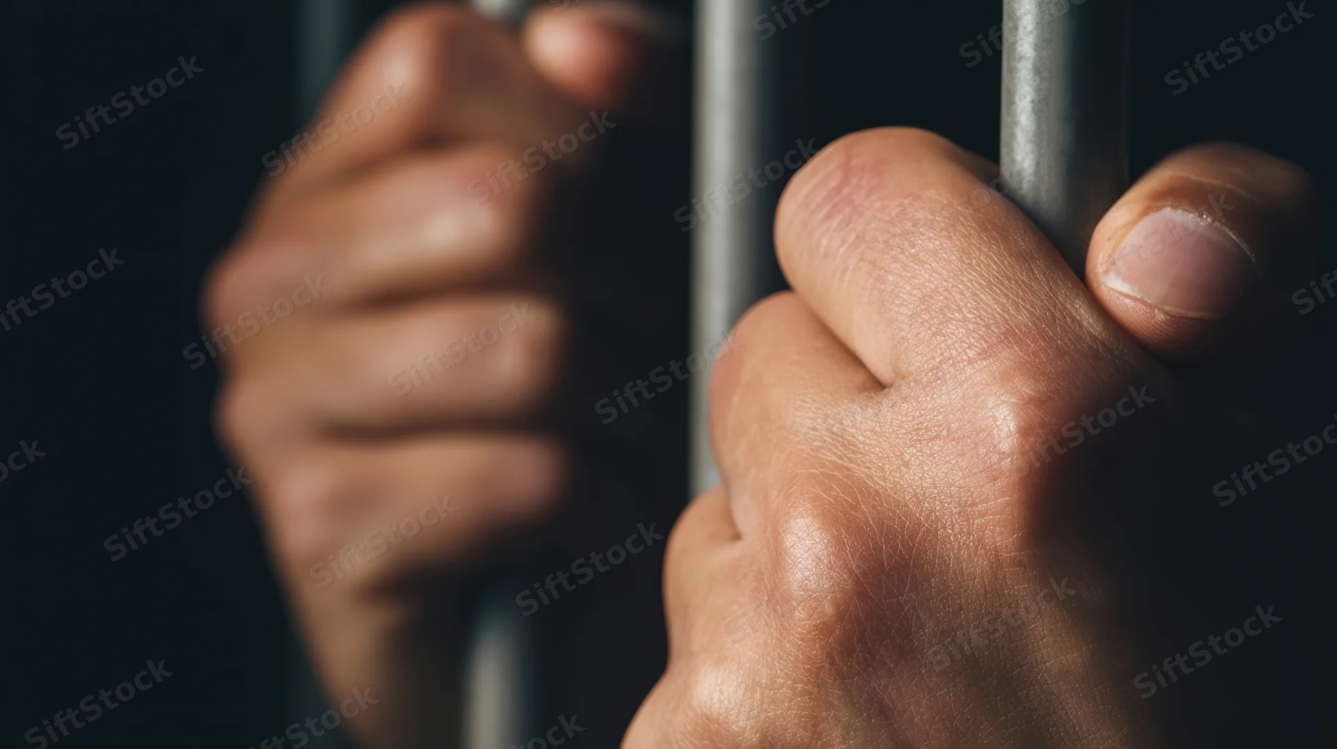 Hands gripping metal prison bars in a dark cell