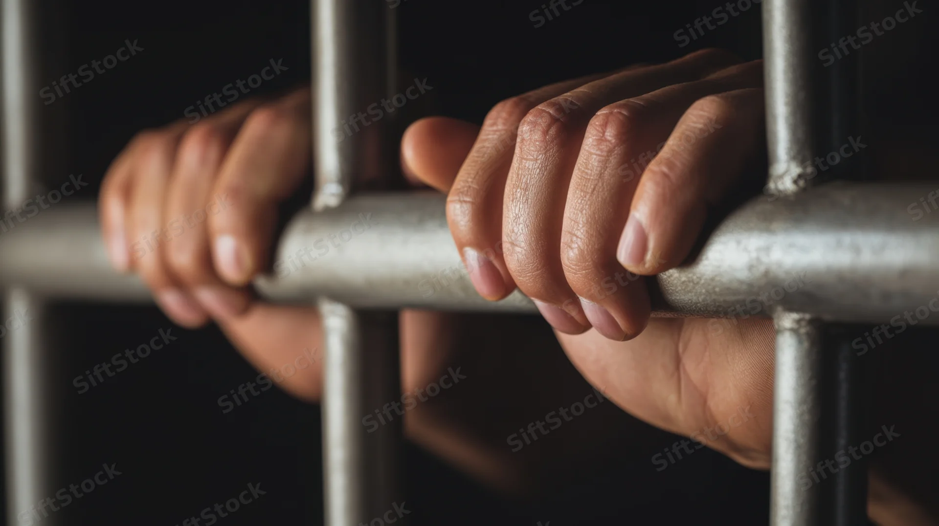 Hands gripping metal prison bars in a dark cell