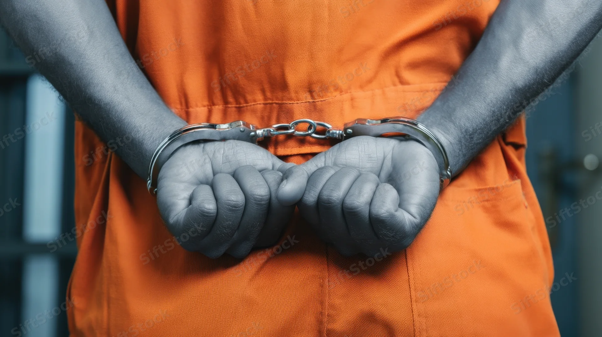 Prisoner in orange jumpsuit with hands cuffed behind back in detention setting