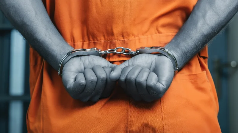 Prisoner in orange jumpsuit with hands cuffed behind back in detention setting