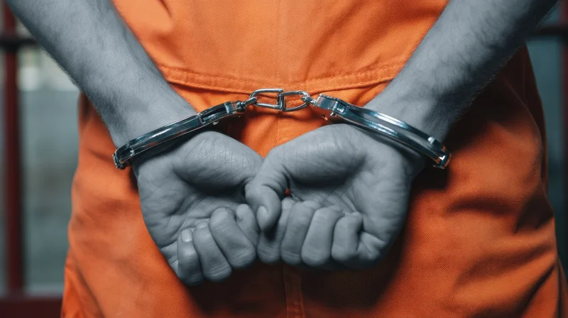 Inmate with hands cuffed behind back wearing orange prison uniform