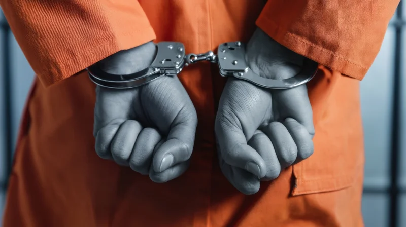 Hands of an inmate in handcuffs behind back wearing orange prison uniform in jail cell