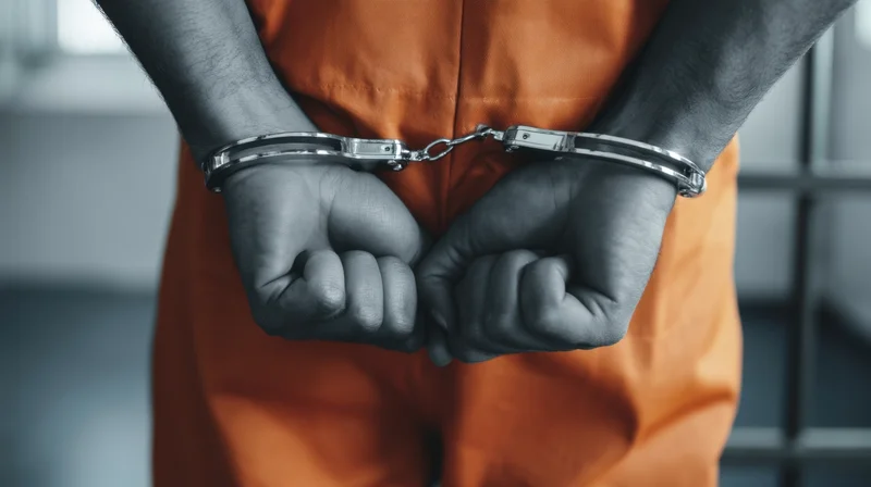 Prisoner with hands cuffed behind back in orange jumpsuit in jail cell