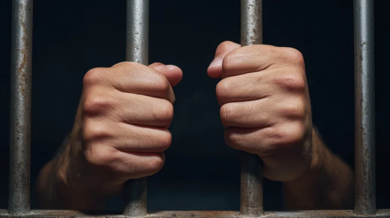 Hands gripping metal prison bars in a dark cell