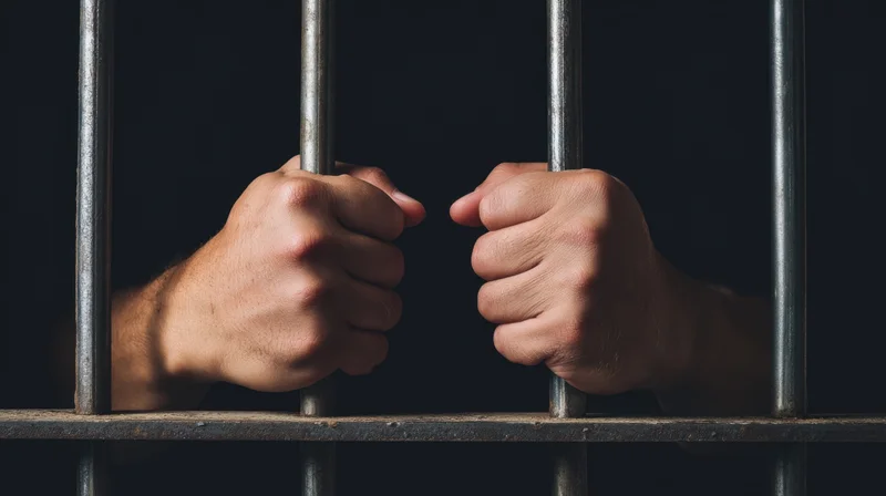 Hands gripping metal prison bars in a dark cell