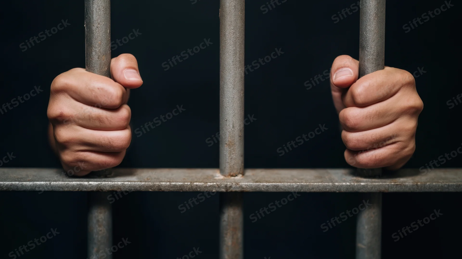 Hands gripping metal prison bars in a dark cell