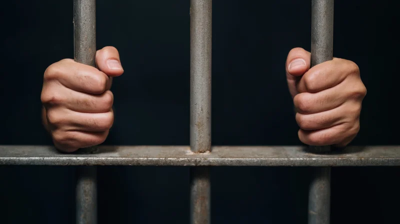 Hands gripping metal prison bars in a dark cell